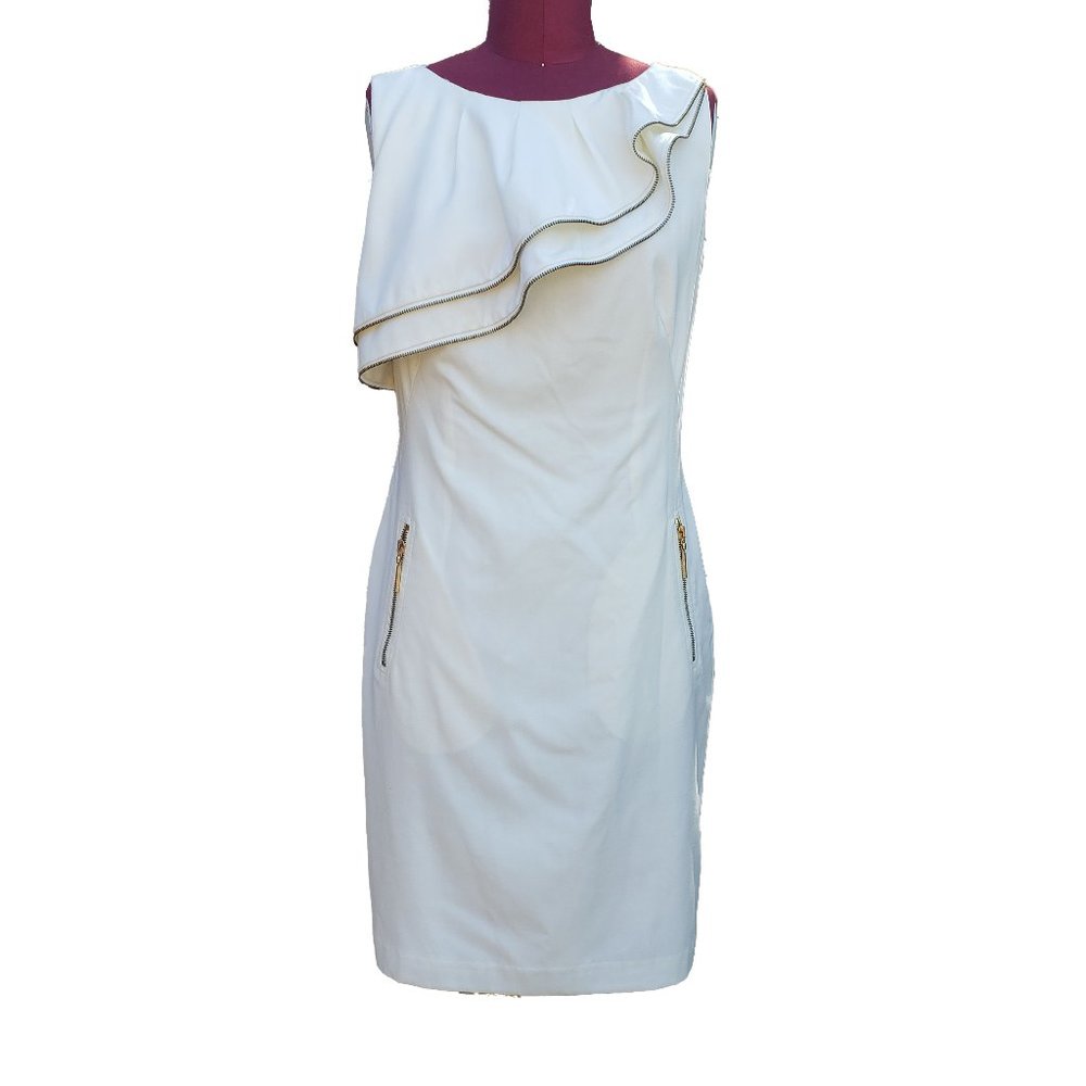 Ted Baker Dress 6 White Sleeveless Short Asymmetric Ruffles Zipper Trim Pockets